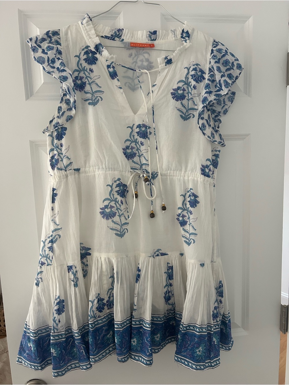 White & Blue Floral Tiered Oliphant Dress